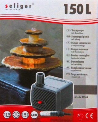seliger Zimmerbrunnenpumpe 150L Licht Förderhöhe 38 cm 12V AC 1W IP68