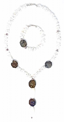 Schmuckset Kette Armband Weisse Muschel Labradorit 925er Silber